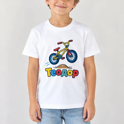 Момче с бяла детска тениска с BMX колело в скок и име Теодор – дизайн за малки деца