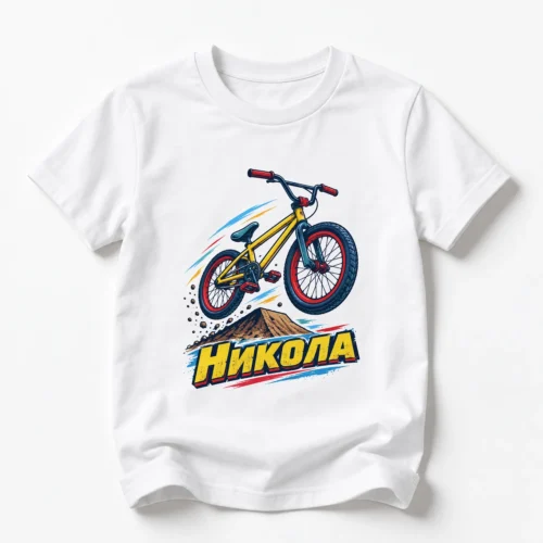 Детска тениска с BMX колело в скок и име Никола – бяла, дизайн за по-големи деца Детска тениска с BMX колело в скок и име Никола – бяла, дизайн за по-големи деца