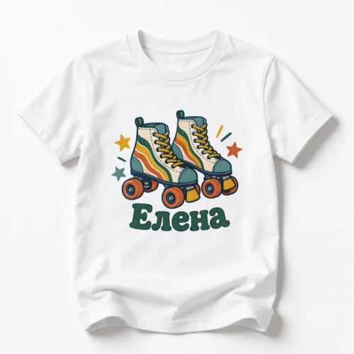 Детска тениска с ролкови кънки и име Елена – бяла, дизайн за малки деца