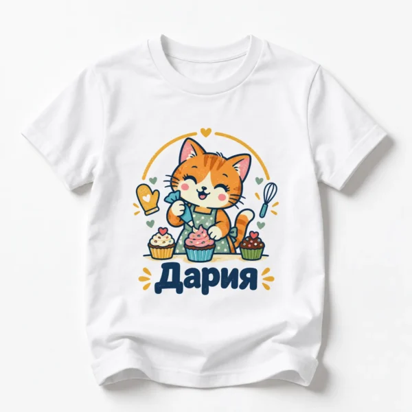 Детска тениска с коте сладкар с мъфини и име Дария – бяла, дизайн за малки деца
