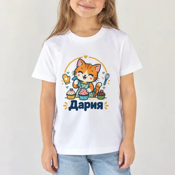 Момиче с бяла детска тениска с коте сладкар с мъфини и име Дария – дизайн за малки деца