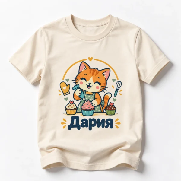 Детска тениска с коте сладкар с мъфини и име Дария – натурална, дизайн за малки деца