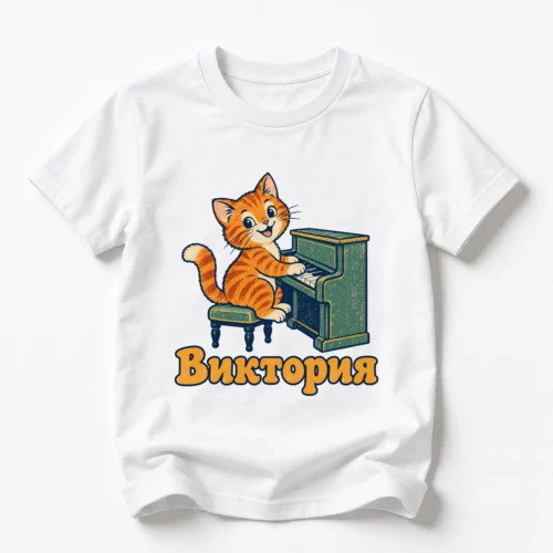 Детска тениска с коте на малко пиано и име Виктория – бяла, дизайн за по-големи деца