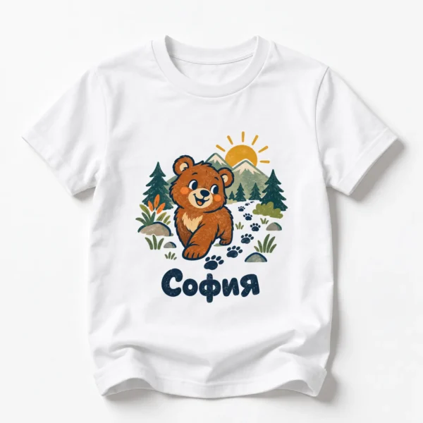 Детска тениска с мече детектив по следи от лапи и име София – бяла, дизайн за малки деца