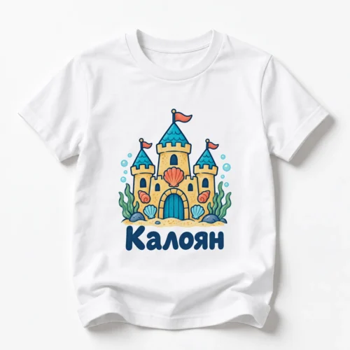 Детска тениска с подводен замък с миди и име Калоян – бяла, дизайн за малки деца Детска тениска с подводен замък с миди и име Калоян – бяла, дизайн за малки деца