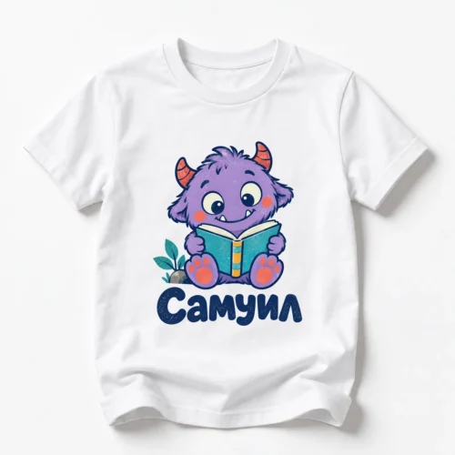 Детска тениска с малко чудовище с книжка и име Самуил – бяла, дизайн за малки деца