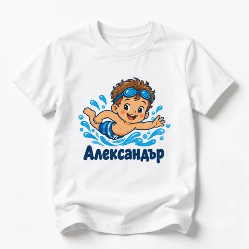 Детска тениска с плувец във водата и име Александър – бяла, дизайн за малки деца