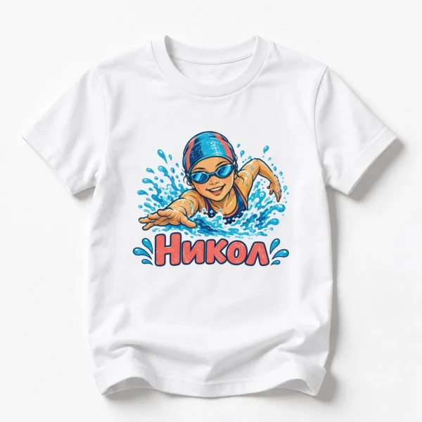 Детска тениска с плувец във водата и име Никол – бяла, дизайн за по-големи деца, вариант 2