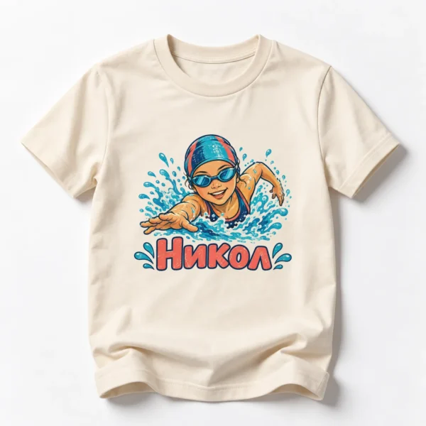 Детска тениска с плувец във водата и име Никол – натурална, дизайн за по-големи деца, вариант 2