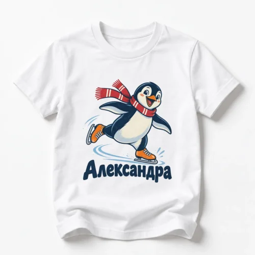 Детска тениска с пингвин на кънки и име Александра – бяла, дизайн за по-големи деца, вариант 2 Детска тениска с пингвин на кънки и име Александра – бяла, дизайн за по-големи деца, вариант 2