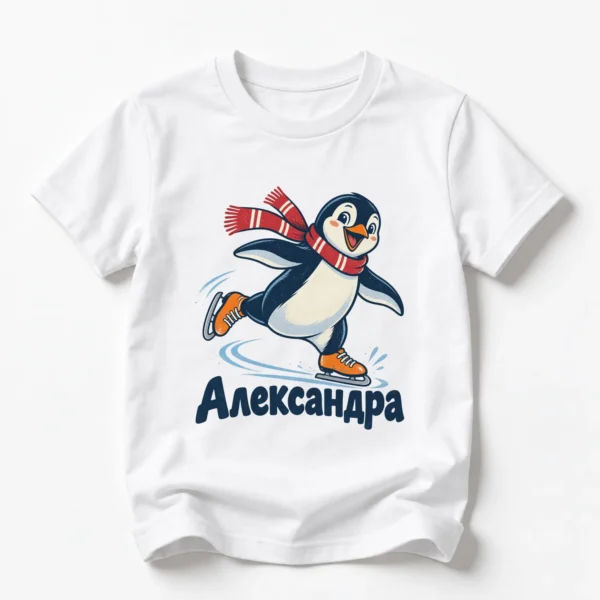 Детска тениска с пингвин на кънки и име Александра – бяла, дизайн за по-големи деца, вариант 2