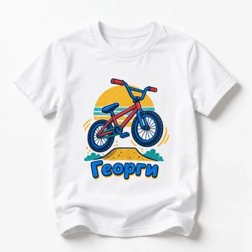 Детска тениска с BMX колело в скок и име Георги – бяла, дизайн за малки деца, вариант 2 Детска тениска с BMX колело в скок и име Георги – бяла, дизайн за малки деца, вариант 2