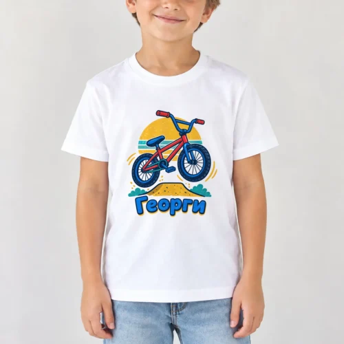 Момче с бяла детска тениска с BMX колело в скок и име Георги – дизайн за малки деца, вариант 2