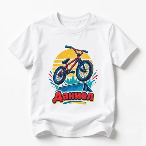 Детска тениска с BMX колело в скок и име Даниел – бяла, дизайн за по-големи деца, вариант 2 Детска тениска с BMX колело в скок и име Даниел – бяла, дизайн за по-големи деца, вариант 2