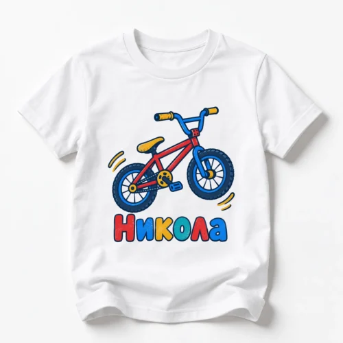 Детска тениска с BMX колело в скок и име Никола – бяла, дизайн за малки деца, вариант 3 Детска тениска с BMX колело в скок и име Никола – бяла, дизайн за малки деца, вариант 3