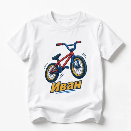 Детска тениска с BMX колело в скок и име Иван – бяла, дизайн за по-големи деца, вариант 3 Детска тениска с BMX колело в скок и име Иван – бяла, дизайн за по-големи деца, вариант 3