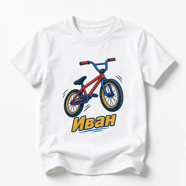 Детска тениска с BMX колело в скок и име Иван – бяла, дизайн за по-големи деца, вариант 3