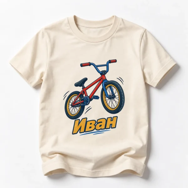 Детска тениска с BMX колело в скок и име Иван – натурална, дизайн за по-големи деца, вариант 3