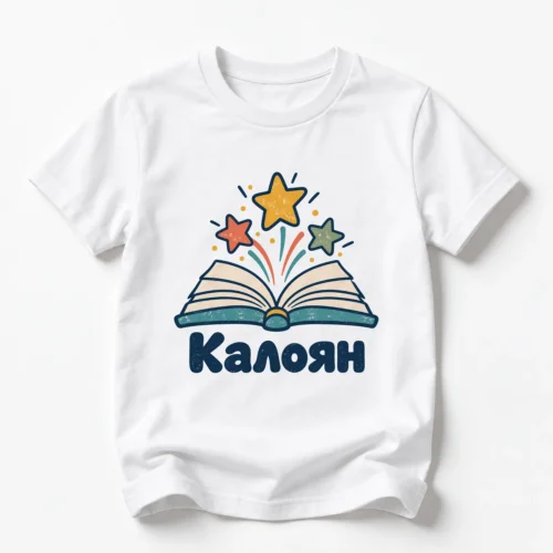 Детска тениска с отворена книга с летящи звезди и име Калоян – бяла, дизайн за малки деца Детска тениска с отворена книга с летящи звезди и име Калоян – бяла, дизайн за малки деца