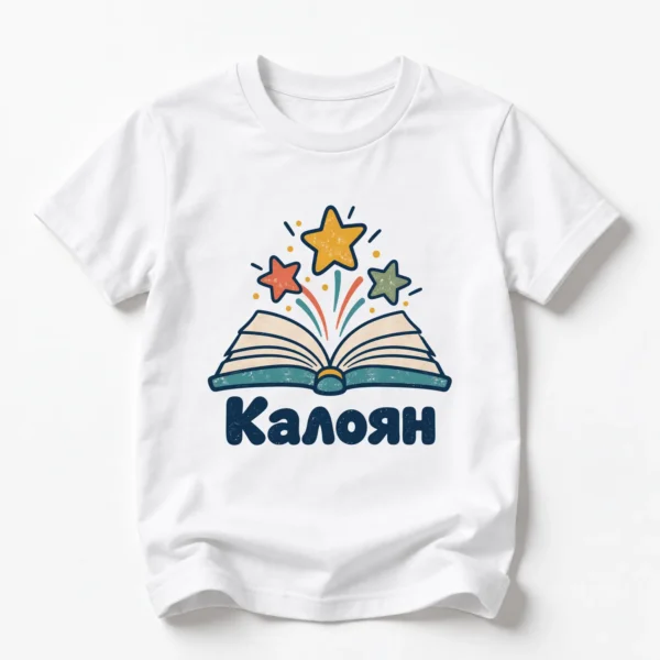 Детска тениска с отворена книга с летящи звезди и име Калоян – бяла, дизайн за малки деца