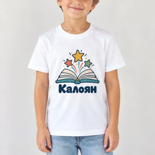 Момче с бяла детска тениска с отворена книга с летящи звезди и име Калоян – дизайн за малки деца