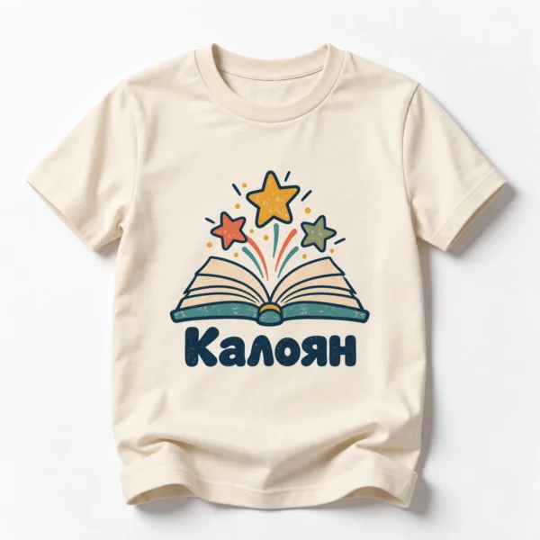 Детска тениска с отворена книга с летящи звезди и име Калоян – натурална, дизайн за малки деца