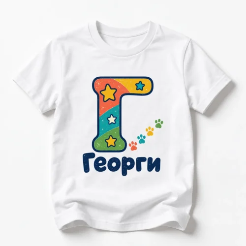 Детска тениска с инициал със следи от лапички и име Георги – бяла, дизайн за малки деца