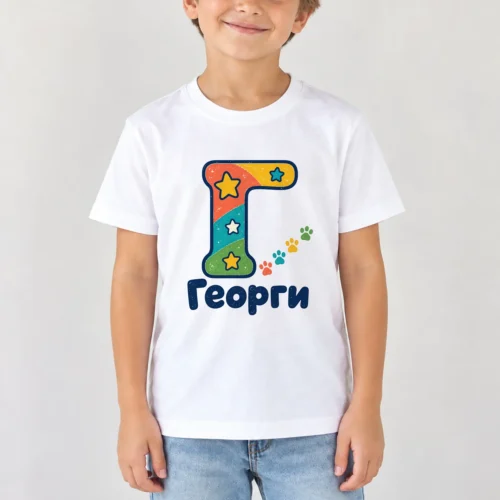 Момче с бяла детска тениска с инициал със следи от лапички и име Георги – дизайн за малки деца