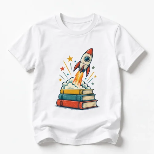 Детска тениска с ракета, излитаща от купчина книги – бяла, дизайн за по-големи деца