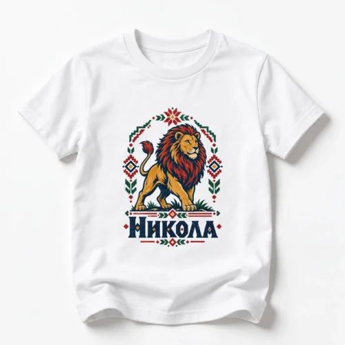 Детска тениска с лъв с фолклорна рамка и име Никола – бяла, дизайн за по-големи деца, вариант 2 Детска тениска с лъв с фолклорна рамка и име Никола – бяла, дизайн за по-големи деца, вариант 2