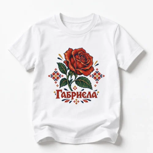 Детска тениска с роза с мотиви от шевици и име Габриела – бяла, дизайн за по-големи деца, вариант 2 Детска тениска с роза с мотиви от шевици и име Габриела – бяла, дизайн за по-големи деца, вариант 2