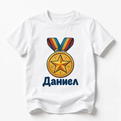 Детска тениска с медал със звезда и име Даниел – бяла, дизайн за по-големи деца Детска тениска с медал със звезда и име Даниел – бяла, дизайн за по-големи деца
