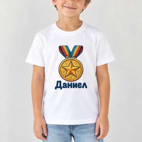 Момче с бяла детска тениска с медал със звезда и име Даниел – дизайн за по-големи деца