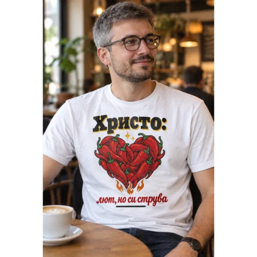 Мъжка тениска със сърце от люти чушки и надпис Христо: лют, но си струва – снимка с модел