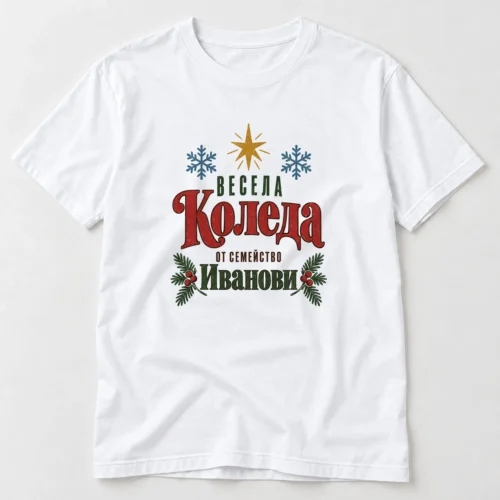 Тениска с клонки елха, звезда, снежинки и надпис Весела Коледа от семейство Иванови – бяла тениска Тениска с клонки елха, звезда, снежинки и надпис Весела Коледа от семейство Иванови – бяла тениска