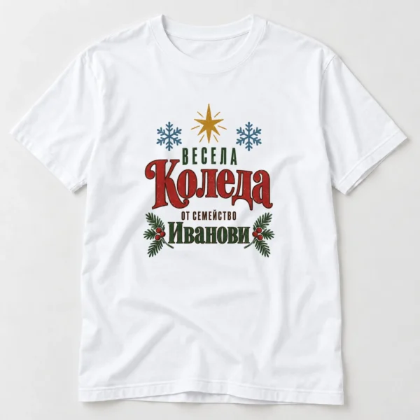 Тениска с клонки елха, звезда, снежинки и надпис Весела Коледа от семейство Иванови – бяла тениска Тениска с клонки елха, звезда, снежинки и надпис Весела Коледа от семейство Иванови – бяла тениска