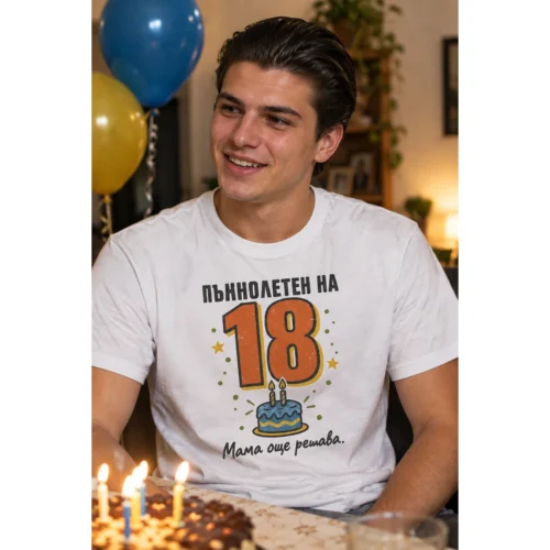 Тениска с число 18, торта и надпис Пълнолетен на 18, мама още решава – снимка с модел