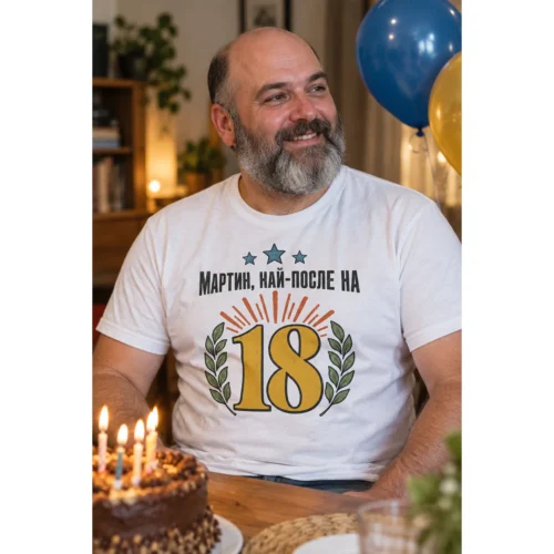 Тениска с число 18, слънчеви лъчи, лаврови клонки и надпис Мартин, най-после на 18 – снимка с модел