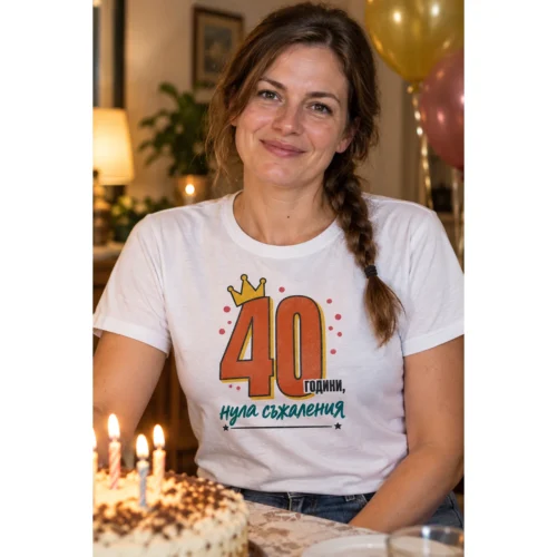 Тениска с корона, конфети, звезди и надпис 40 години, нула съжаления – снимка с модел