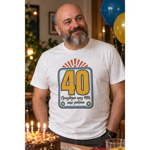 Тениска с етикет, зъбни колела, лъчи и надпис Произведен през 1986, още работи – снимка с модел