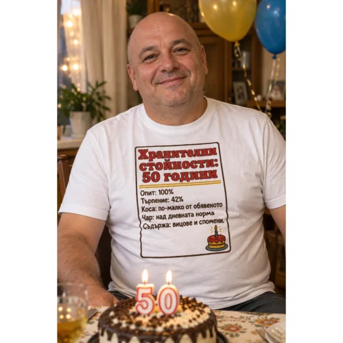 Тениска с етикет хранителни стойности за 50 години с опит и чар – снимка с модел