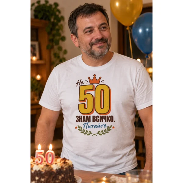 Тениска с корона, лаврови клонки, звезди и надпис На 50 знам всичко, питайте – снимка с модел