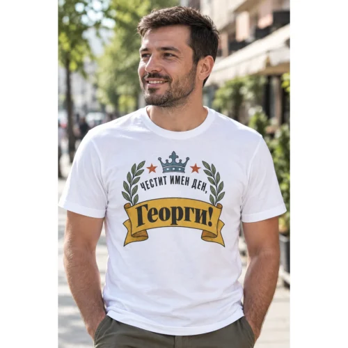 Тениска с корона, лаврови клонки, звезди, лента и надпис Честит имен ден, Георги – снимка с модел
