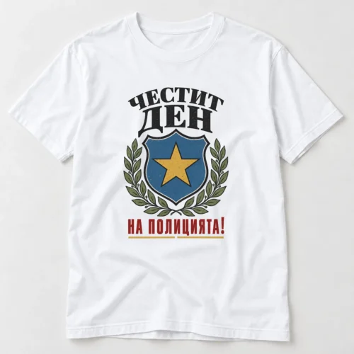 Тениска с щит с петолъчна звезда, лаврови клонки и надпис Честит Ден на полицията – бяла тениска Тениска с щит с петолъчна звезда, лаврови клонки и надпис Честит Ден на полицията – бяла тениска