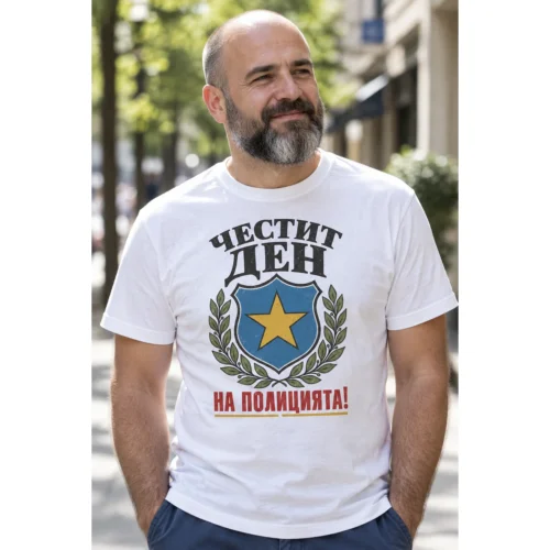 Тениска с щит с петолъчна звезда, лаврови клонки и надпис Честит Ден на полицията – снимка с модел