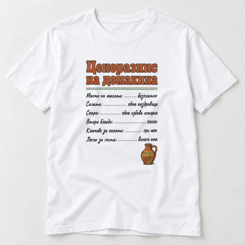 Тениска с Ценоразпис на домакина, салата, скара, песен и ключове – бяла тениска Тениска с Ценоразпис на домакина, салата, скара, песен и ключове – бяла тениска