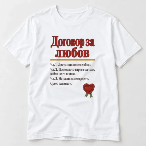 Тениска с надпис Договор за любов с членове и срок завинаги – бяла тениска Тениска с надпис Договор за любов с членове и срок завинаги – бяла тениска