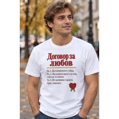 Тениска с надпис Договор за любов с членове и срок завинаги – снимка с модел