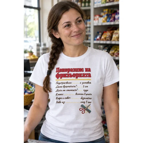 Тениска с Ценоразпис на фризьорката, връхчетата, клюки и кафе – снимка с модел