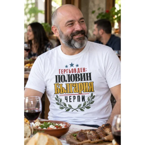 Тениска с едър типографски надпис Гергьовден: половин България черпи за имения ден – снимка с модел